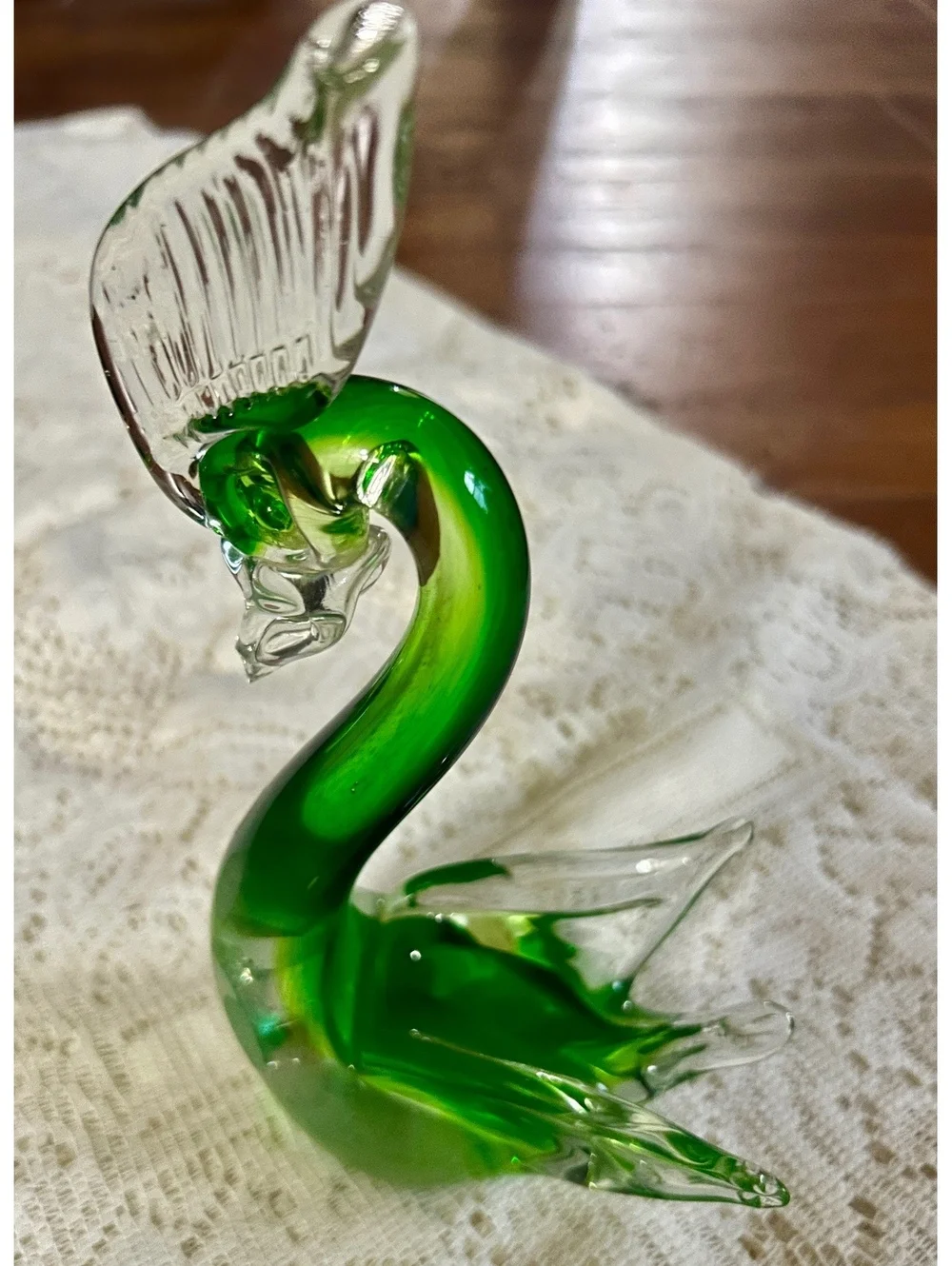 Green and Clear Murano Glass Swan Figurine Made in Italy